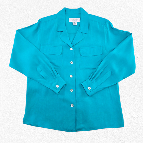 80s Vintage Turquoise Silk Button Up Blouse Size 6 Shoulder Pads Classic Casual - Picture 1 of 13